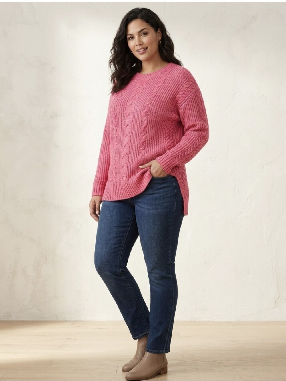 Cabi Elsa cable knit pattern Pullover Sweater Style #4245. Carmine Rose. Small.